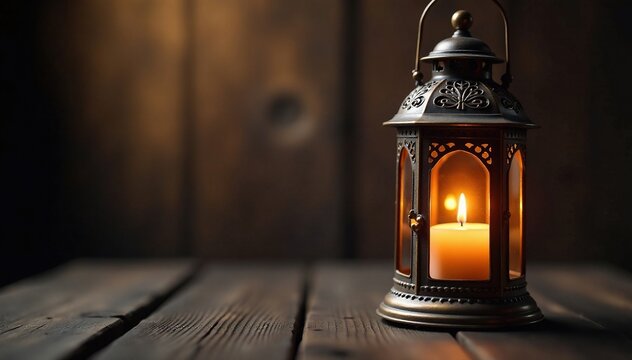 Intricately designed lantern with flickering candle on wooden surface, keramiek