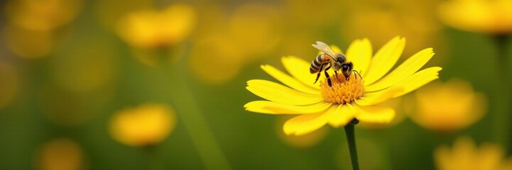 Bee landing on a bright yellow flower in a garden filled with blooming flowers, nature, bees yellow flowers pollination, petals