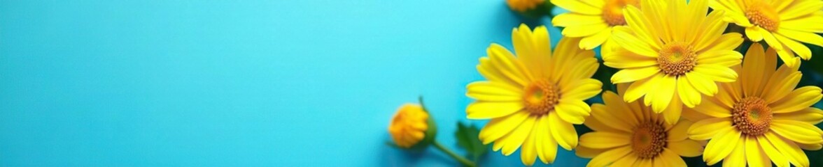 Blue background with a bundle of yellow daisies, colorful, spring