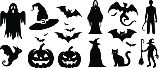 Halloween-themed silhouettes ghost, witch hat, bat, pumpkin, Banshee, black cat, and Boogeyman. Black-on-white design with minimalist style