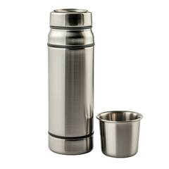 Stainless steel thermos with cup, ideal for outdoor activities and travel. Durable and sleek design for keeping beverages hot or cold. Perfect for camping or picnics