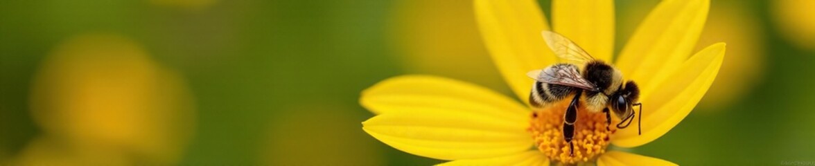 Bee pollinates yellow flower with bright yellow pollen, pollen, yellow