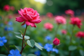 Obraz premium Blooming rose bush in a flower bed with blue flowers, garden, plants