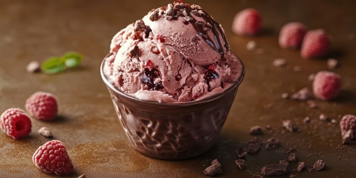 Delicious raspberry chocolate chip ice cream served in a brown bowl surrounded by fresh raspberries and chocolate pieces