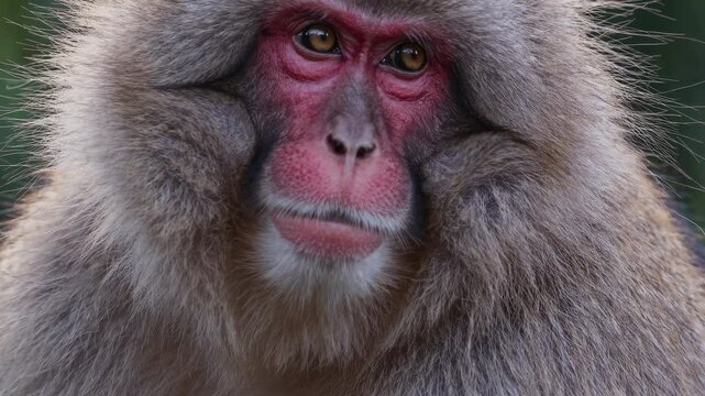 Close-up video of a Japanese macaque with a focus on its expressive eyes and textured fur, captured from a slightly angled perspective.
