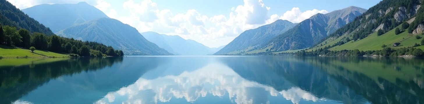Lavarone Lake's calm surface mirrors the surrounding mountains, reflection, water, nature