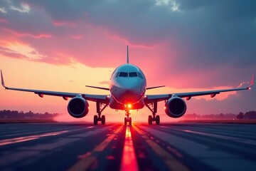 Soft pink and orange lights illuminate the plane's landing gear, gear, sunlit runway, aircraft lights