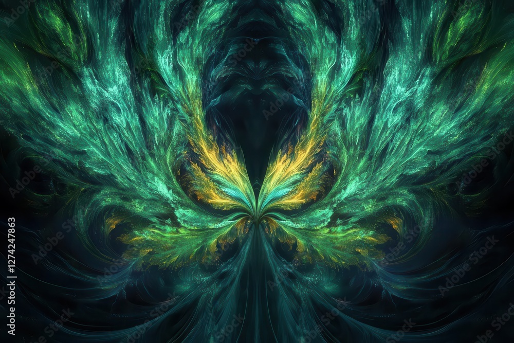 Wall mural abstract emerald flames dancing against obsidian background, digital fractal patterns creating super