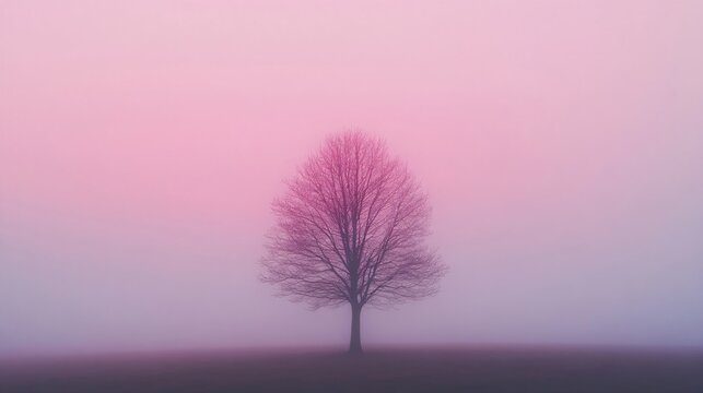 Solitary bare tree silhouette against pink and purple gradient sky at dawn or dusk. Minimalist nature landscape with foggy field. Serene winter or autumn scene with copy space