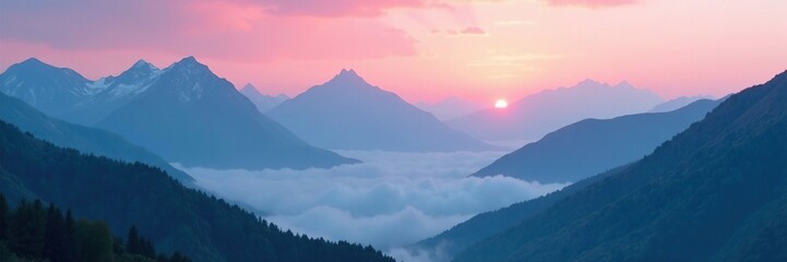 Fototapeta premium Iridescent colors blending into a misty, cloudy atmosphere of the mountains, natural light, atmospheric