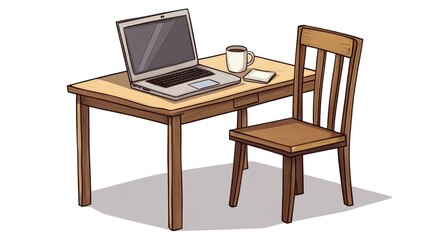 Fototapeta premium Wooden desk with laptop, coffee, and chair. Simple workspace illustration