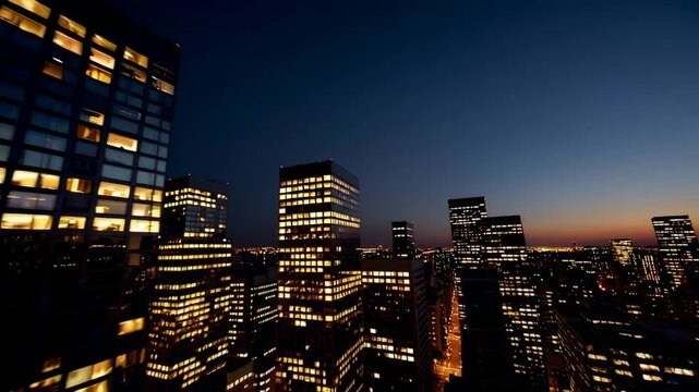 Dusk envelops a vibrant city skyline, casting a warm glow on illuminated office buildings as night descends, creating a captivating urban panorama in slow motion