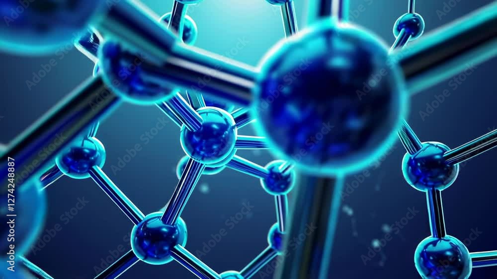Poster intricate molecular structure rotating slowly against deep blue backdrop, revealing complex intercon