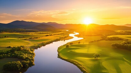 Obraz premium A breathtaking aerial view of a serene landscape at sunset, featuring rolling hills and a winding river