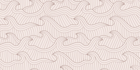 Hand drawn linear waves, ocean, sea, water seamless pattern. Bohemian style, asian, oriental line background