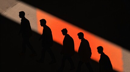 People silhouettes walking in line against orange light beam on dark wall. Shadow shapes of group moving in descending diagonal pattern. Minimalist abstract concept art