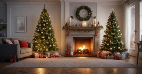 Decorated Christmas tree in a cozy living room with a fireplace, festive, fireplace, living room