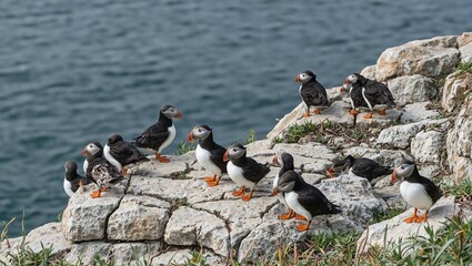 Puffins perched on rocky cliffs diving into ocean waves