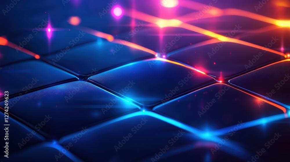 Poster a vibrant abstract background featuring glowing blue and orange squares, creating a futuristic and d