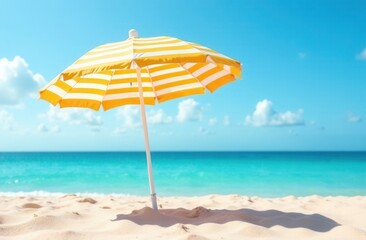 Yellow striped beach umbrella on sandy shore under clear blue sky