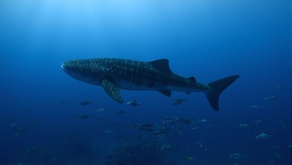 Naklejka premium Graceful whale shark with unique light spots swimming in the open ocean surrounded by smaller fish