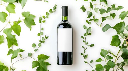 Wine bottle mockup with blank label surrounded by green leaves on white background.