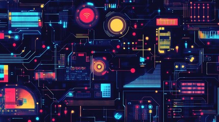 Obraz premium Futuristic digital data patterns and big tech elements in abstract vector illustration