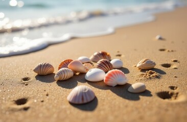 Colorful seashell collection on sunlit sandy beach shoreline