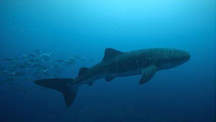 Fototapeta premium Graceful whale shark with unique light spots swimming in the open ocean surrounded by smaller fish