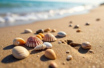 Colorful seashells on sandy beach at sunrise with ocean waves in background