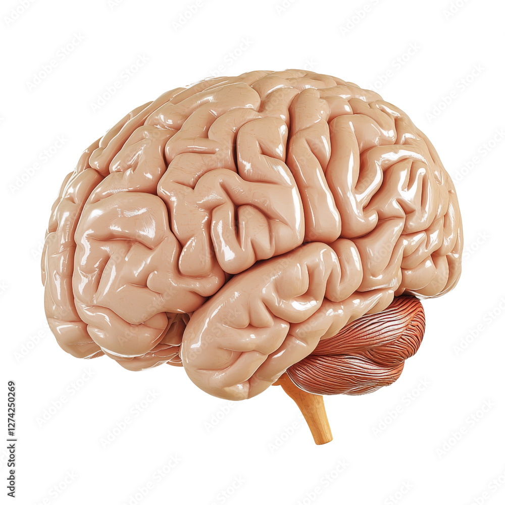 Poster Anatomical model of human brain showcasing detailed structure and texture. This realistic representation highlights complexity of brain folds and connections, emphasizing its importance human