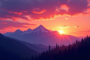 Majestic Mountain Sunset with Snowy Peaks and Colorful Sky