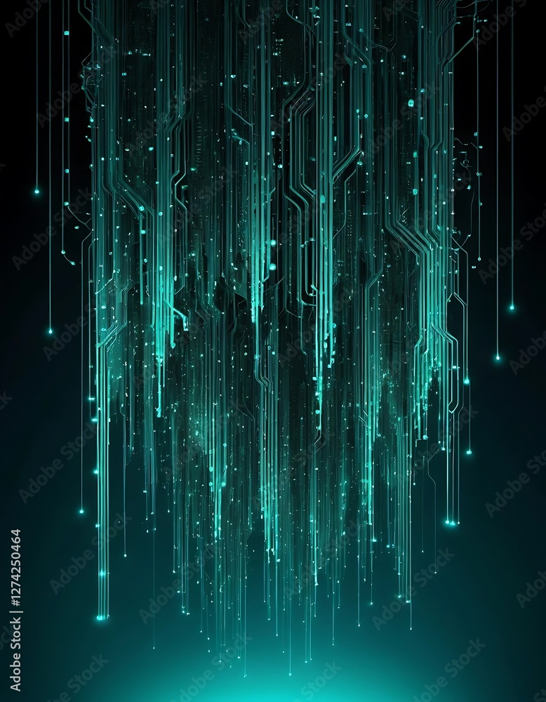 Poster aqua digital streams, data flow and circuitry in a technological cascade