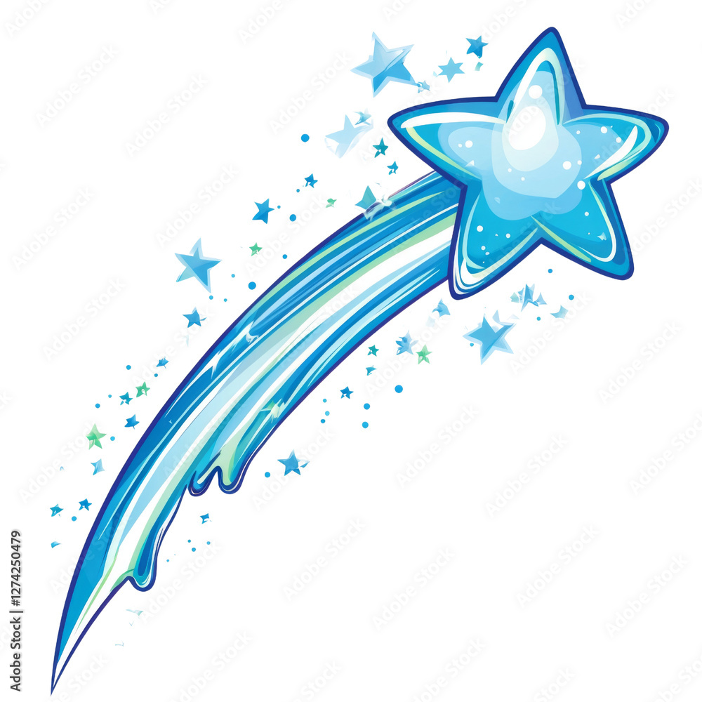 Poster vibrant blue shooting star with sparkling tail and smaller stars surrounding it, creating magical an