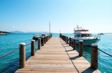Obraz premium Sunny day on a wooden pier with boats by the turquoise sea and clear blue sky