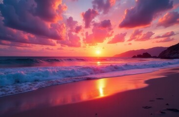 Fototapeta premium Vibrant beach sunset with colorful clouds and gentle waves