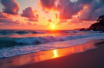 Fototapeta premium Vibrant sunset over ocean waves on sandy beach