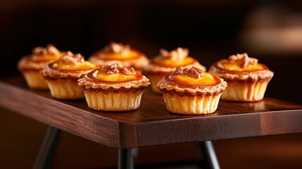 Delicious mini pastries topped with creamy filling and nuts, elegantly presented on a wooden serving tray. Perfect for dessert lovers and festive occasions.
