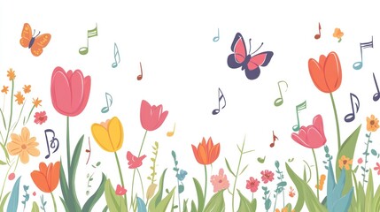 Spring flowers and butterflies in a garden; perfect for a joyful spring background