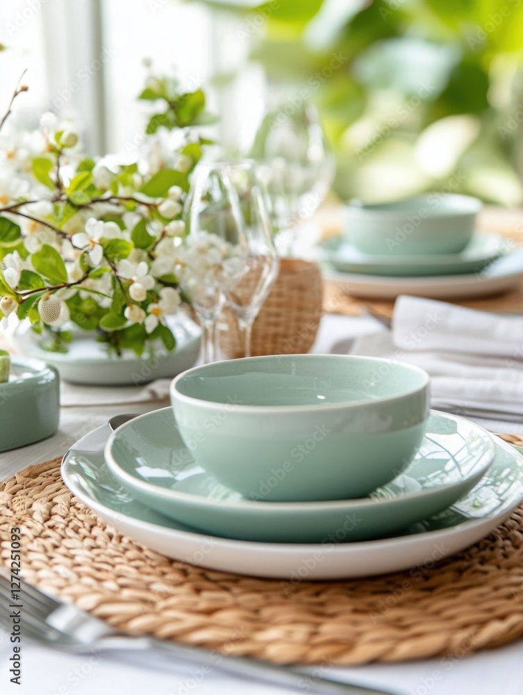 Poster an elegantly set table with spring decor.