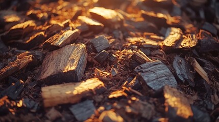 Close-up of sunlit wood chips scattered on the ground, creating a warm, natural ambiance