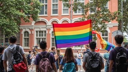 Obraz premium Diverse students holding pride flag at school