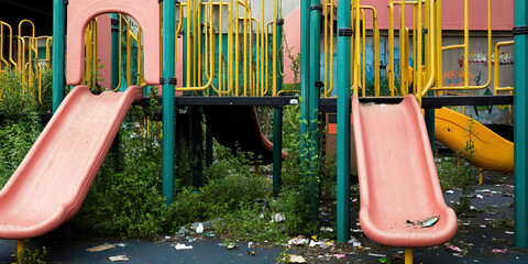 Abandoned Playground with Slides and Vegetation