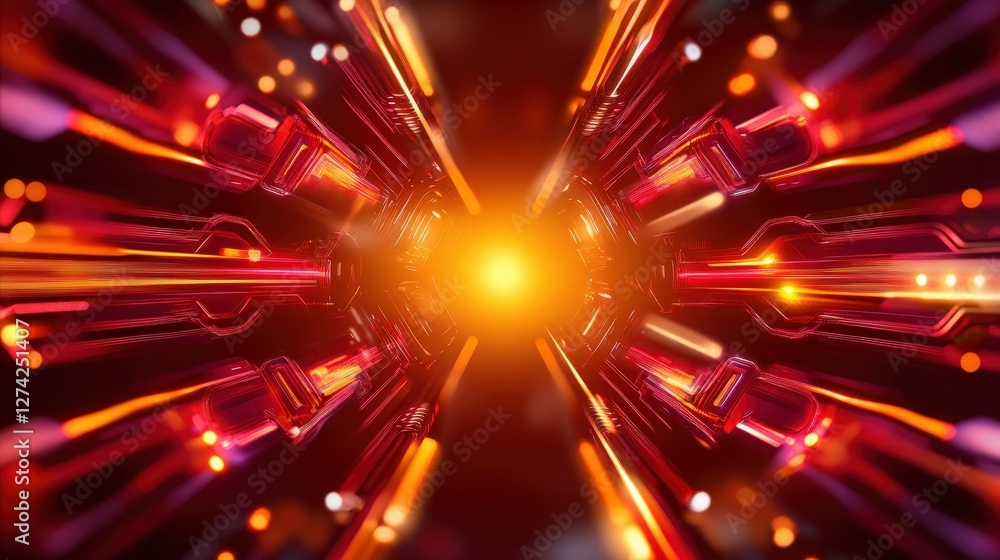 Poster a stunning abstract representation of technology, featuring vibrant colors and dynamic light pattern