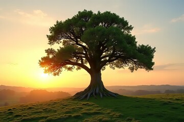 Majestic Tree at Sunrise Over Rolling Hills - Nature's Beauty