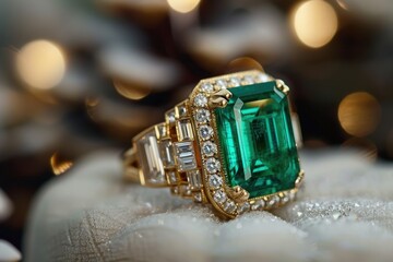 Stunning emerald ring set with diamonds displayed on a sparkling surface in a soft light setting that enhances its beauty and elegance