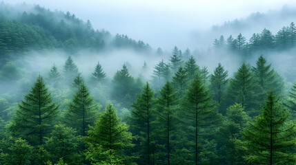 Misty Green Forest on a Hillside