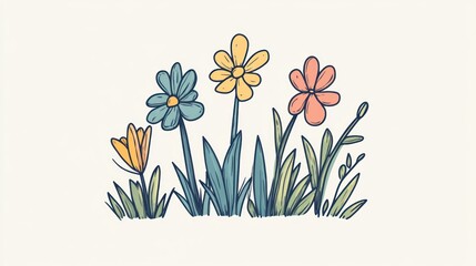 Naklejka premium Colorful flowers in grass, spring garden illustration, nature background, greeting card design