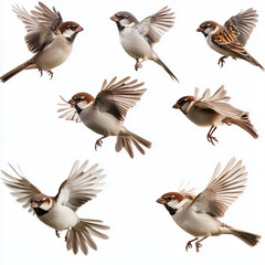 Fototapeta premium Beautiful House Sparrow Bird in Flight and Perched Explore Various Poses in Nature