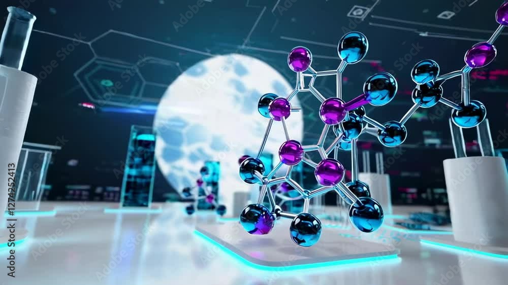 Aufkleber complex molecular structures rotate gracefully amidst futuristic laboratory glassware and digital ci